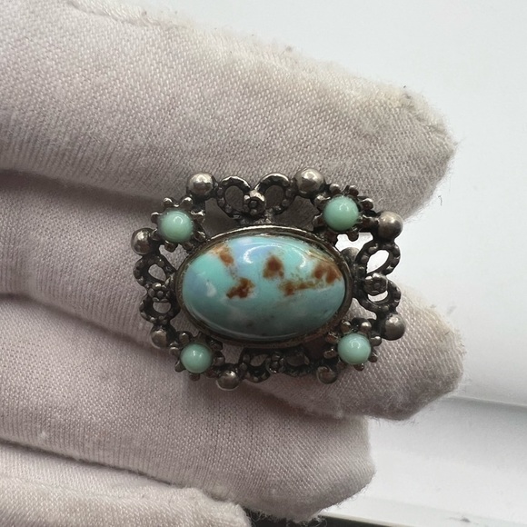 Vintage Faux Turquoise Filigree Silvertone Brooch Pin - Picture 6 of 15